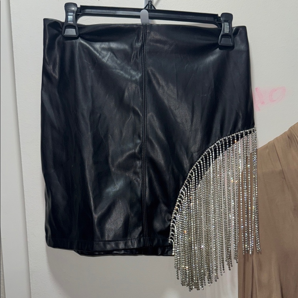 Black Leather Skirt with Silver Fringe